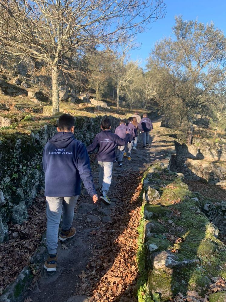 Alunos do colégio a caminhar por um trilho no meio da natureza