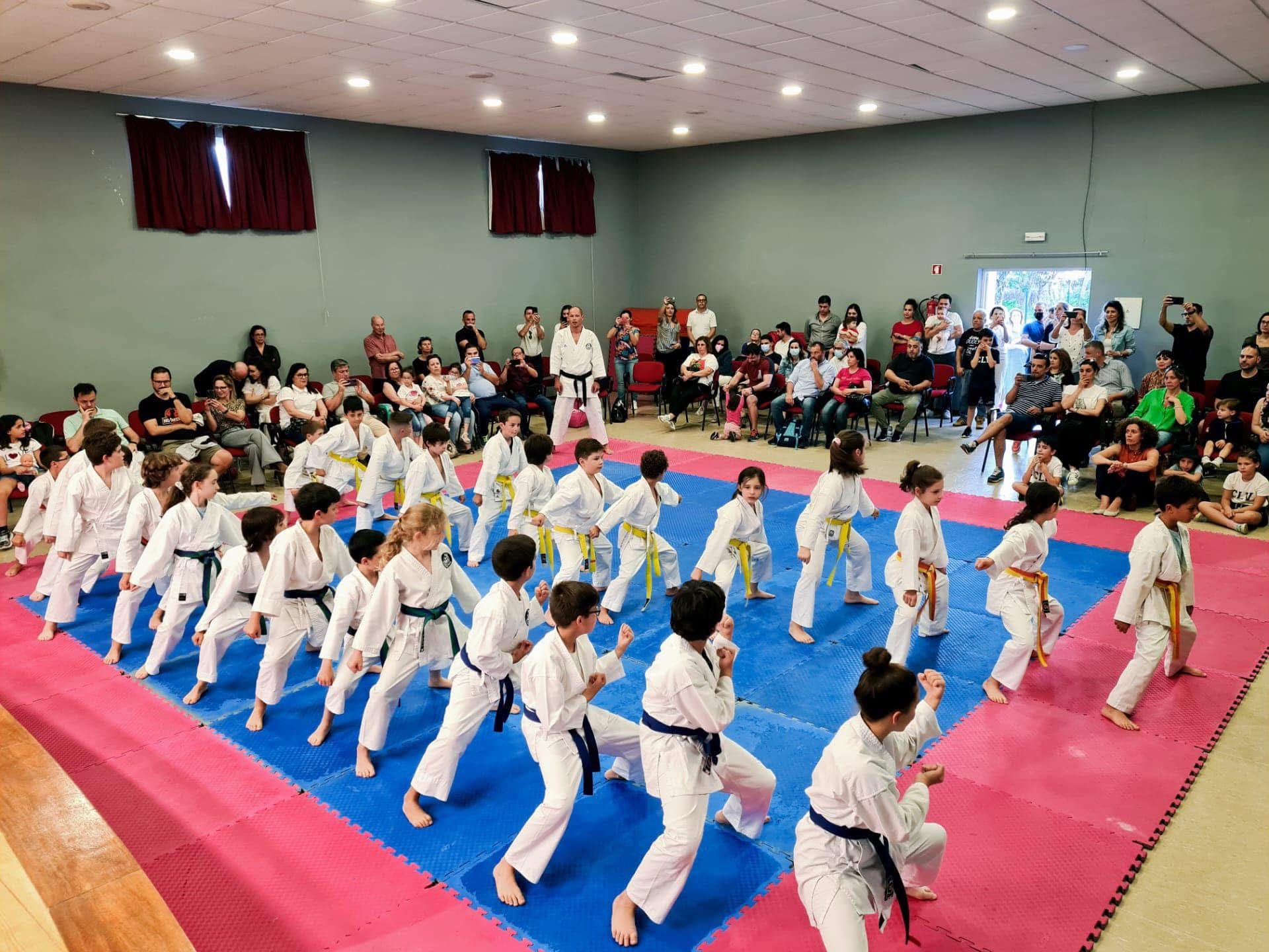 Pupils in karate uniforms giving a karate demonstration in the school sports hall, with families watching