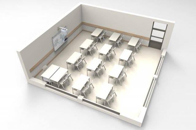 3D image of one of the new classrooms, with desks for two pupils and an interactive whiteboard