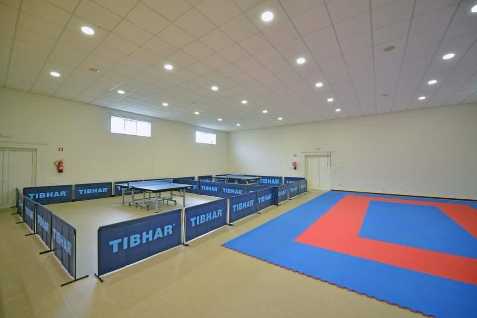 The school sports hall, with table tennis tables and a martial arts mat